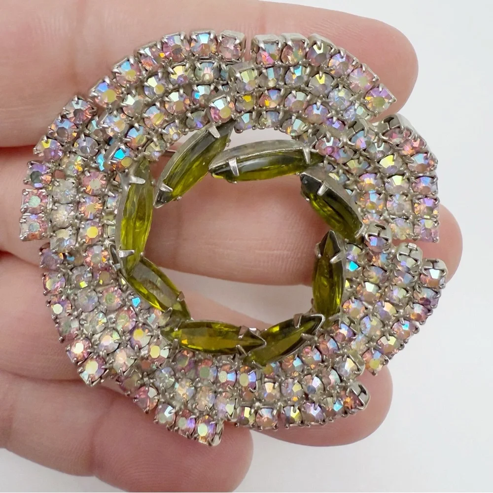 Vintage AB Green Glass Rhinestone Layered Tiered Round Wreathe Pin Brooch
